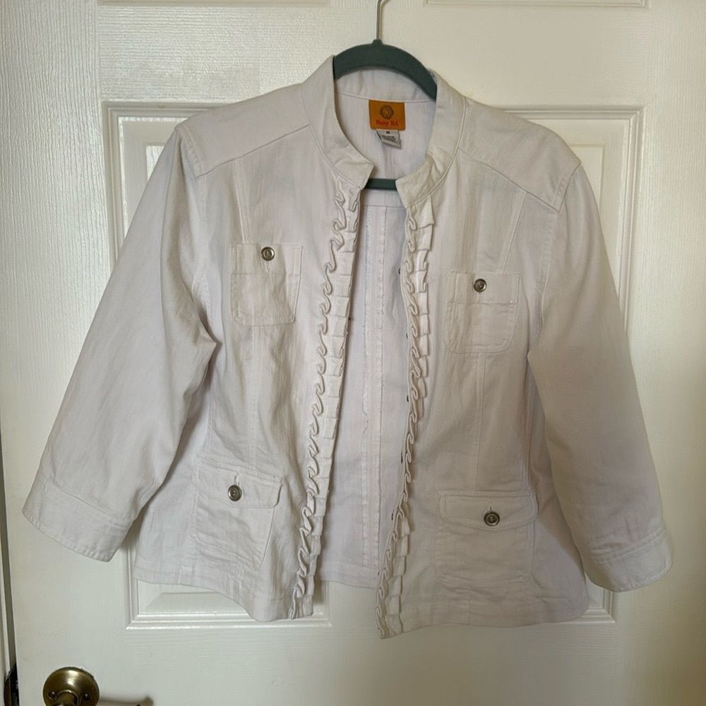 Ruby Rd. White Denim Jacket with 3/4 Length Sleeves, Size 14.